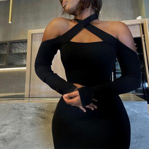 Winter Solid Color Fashion Women Clothing Off-shoulder Halter Long Thin Sunken Stripe Pencil Skirt