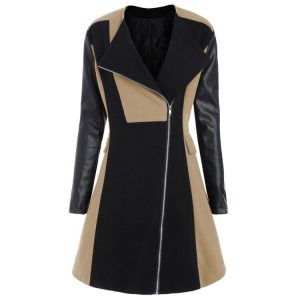 Women's Side Zipper Leather Stitching Woolen Coat