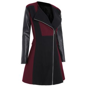 Women's Side Zipper Leather Stitching Woolen Coat