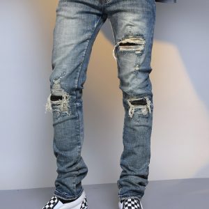 Mens Ripped Washed Blue Denim Jeans