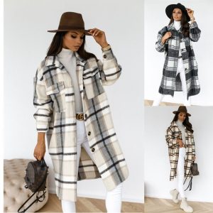 Autumn And Winter Long-Sleeved Button Lapel Casual Warm Plaid Long Woolen Coat