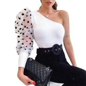 Summer Women Sexy Mesh Tshirt Spring Pullover Top Tees One Shoulder Black Polka Dot Top Tees T-shirts Women