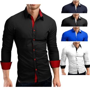 Business Men's Long-sleeved Shirt, Slim Fit, Colorful Buttons, Lapel, Mens