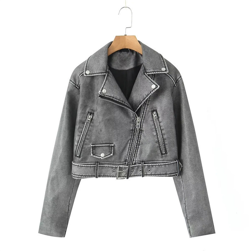 Women's Washed Leather Worn Motorcycle Leisure Jacket Leather Coat