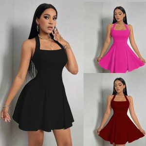 New Women's Clothing Halter Backless Waist A- Line Large Hem Skirt Dress