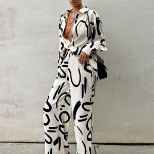 Black And White Printed Long-sleeved Shirt High Waist Wide-leg Pants Two-piece Set