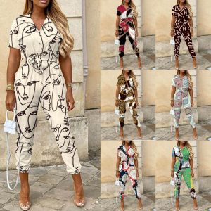 Women's Clothing Lapel Print Cargo Overalls