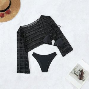 European And American Mesh Long Sleeve Blouse Beach Three Piece Swimsuit