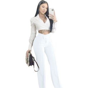 New Women's Clothing Hot Girl Temperament Slimming White High-waist Straight-leg Pants