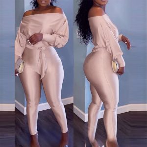 Women's Clothing Champagne Off-shoulder Long Sleeve Cinched Bodycon Jumpsuit